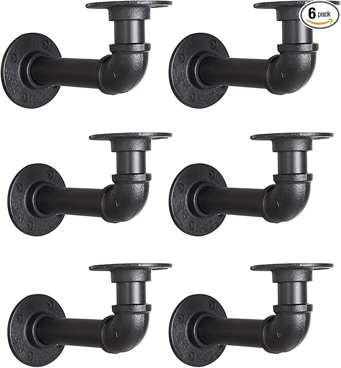 Industrial L Pipe Shelf Brackets for 6-12 in Depth Wood,Heavy-Duty 3/4" Iron,Wall Mount Floating Shelf Bracket L Metal Pipe Shelving Brackets for Wood-Black DIY Pipe Shelves(5.5*3.1 Inch 6 Pack)