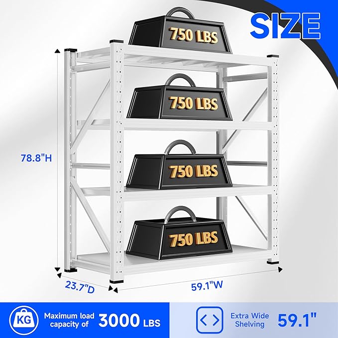 59" W Garage Storage Shelves,3000LBS Garage Shelving Heavy Duty Adjustable Shelving Unit,4 Tier Metal Utitly Shelves Industrial Shelving for Warehouses,Basement,White