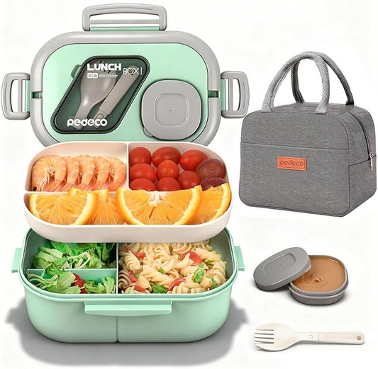 Bento Box Set with Lunch Bag, Lunch Containers for Women&Men&Kids. Leakproof 3-Compartment and 2-Tier Stackable Container with Portable Sauce Pod, Microwave/Dishwasher Safe, BPA-Free (Green)