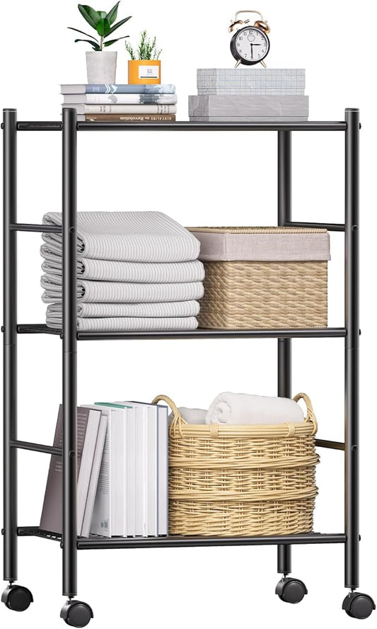3 Tier Shelf Organizer Rack, Metal Shelving Unit with Wheels/Leveling Feet, Space-Saving Storage Shelves for Closet Laundry Bathroom Kitchen Pantry, 18.11" Wx12.6 Dx31.5 H