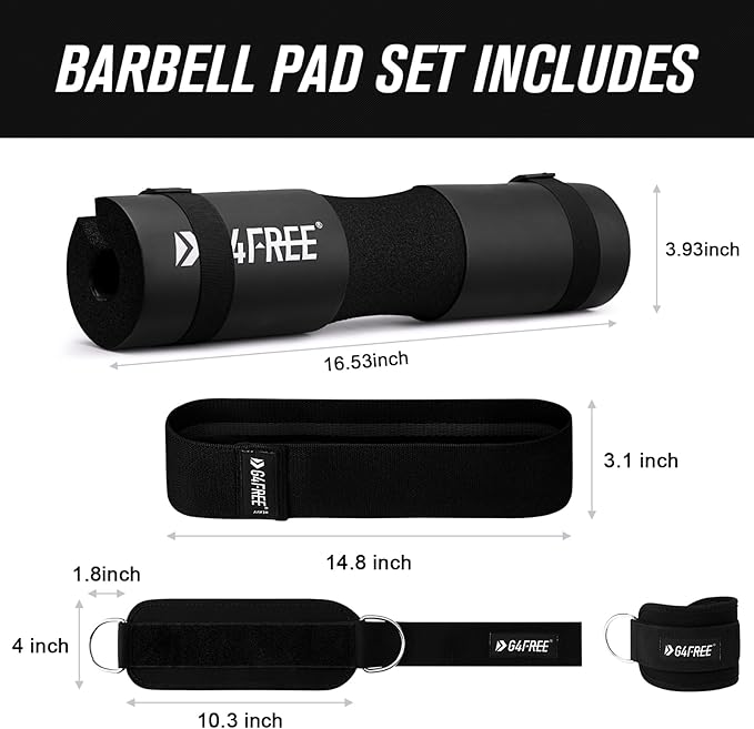 G4Free 9Pcs Barbell Pad Set for Squat, Hip Thrusts, Lunges, Leg day, Standard Olympic Bars with 2 Gym Ankle Safety Straps, 3 Hip Resistance Bands, 2 Lifting Strap, Barbell Pad, and Carry Bag