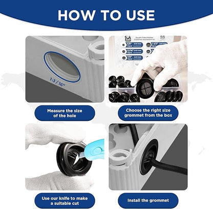 55Pcs Rubber Grommets kit, Firewall Hole Plugs in 6 Assorted Sizes 5/8",13/16",7/8",1",1-3/16",1-1/2"- Round Rubber Grommets for Wiring & Waterproof Wire Grommet kit - Ideal Wire Protection Solution
