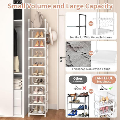 Tall Narrow Shoe Rack 10-Tier Skinny Shoe Shelf Storage for 10-15 Pairs Shoes and Boots, Space Saving Corner Shoe Rack Organizer for Closet, Entryway, Garage, Living Room,White