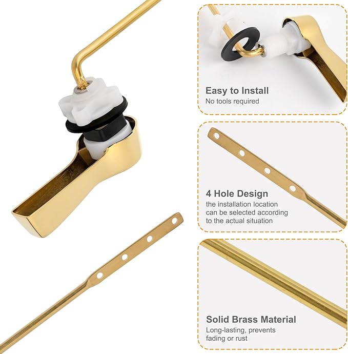 Hibbent Universal Metal Front Mount Toilet Handle Replacement Kit, Brass Toilet Flush Tank Lever with Stainless Steel Flapper Chains for Most Toilets, Shiny Gold