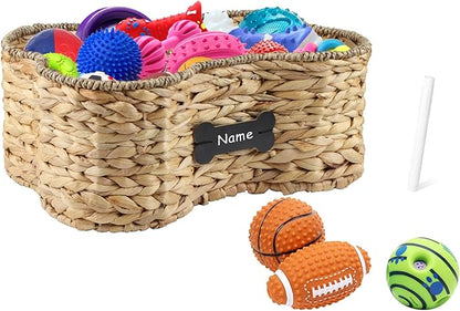 Pet Dog Toy Basket - Bone Shape Storage Bin, Personalized Organizer for Cat Toys, Wicker Holder Box for Living Room, Handmade Water Hyacinth