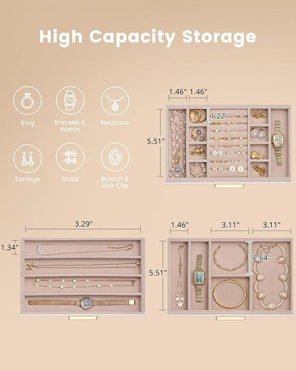 Lolalet Jewelry Box Organizer, 3-Layer Jewelry Organizers and Storage Case with Glass Lid, Ring Earring Bracelet Necklace Holder Organizer, Birthday Valentine Gifts for Women Girls -3Layer, Beige