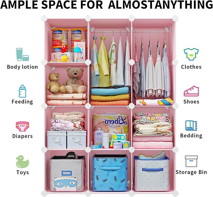 VIPZONE Baby Dresser, Kids Closet Organizers, Portable Kids Wardrobe for Closet, Bedroom, Nursery, Cubby, Cabinet, Clothes, Dress, Baby Storage Shelf, Armoire Clothes Hanging (12 Cube, Pink)
