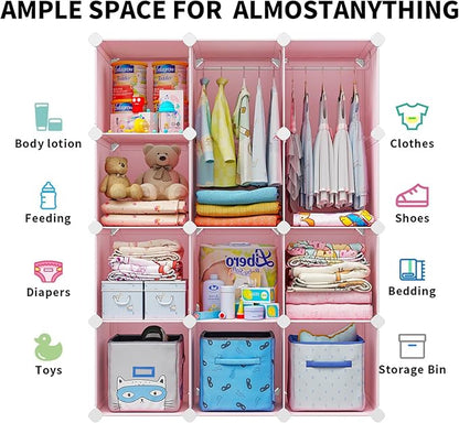 VIPZONE Baby Dresser, Kids Closet Organizers, Portable Kids Wardrobe for Closet, Bedroom, Nursery, Cubby, Cabinet, Clothes, Dress, Baby Storage Shelf, Armoire Clothes Hanging (12 Cube, Pink)