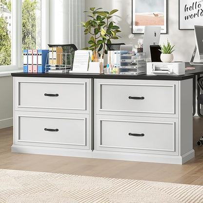 2 Drawer File Cabinet, Farmhouse Lateral Filing Cabinet for Letter/A4/F4/Legal Size Hanging Files, Large Wood File Storage Cabinets Printer Stand for Home Office, White and Black
