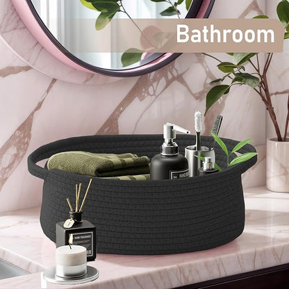Woven Basket,Small Rope Storage Bin with Handles & Ribbon Bag, Organizer for Shelves Closets,Gift Basket Empty for Birthday,Books,Dog Toys, Black