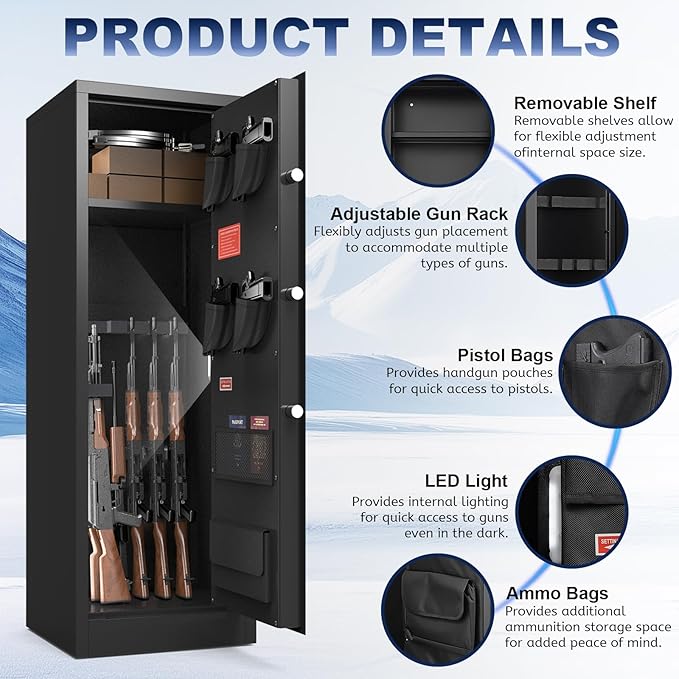 SHICHI 10-14 Gun Cabinet, Electronic Gun Safe for Rifles and Pistols, Gun Cabinet with Adjustable Shelves, Long Gun Safe with Dual Alarm & Mute Mode, Large Rifle Safes for Home
