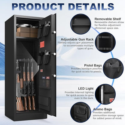 SHICHI 10-14 Gun Cabinet, Electronic Gun Safe for Rifles and Pistols, Gun Cabinet with Adjustable Shelves, Long Gun Safe with Dual Alarm & Mute Mode, Large Rifle Safes for Home