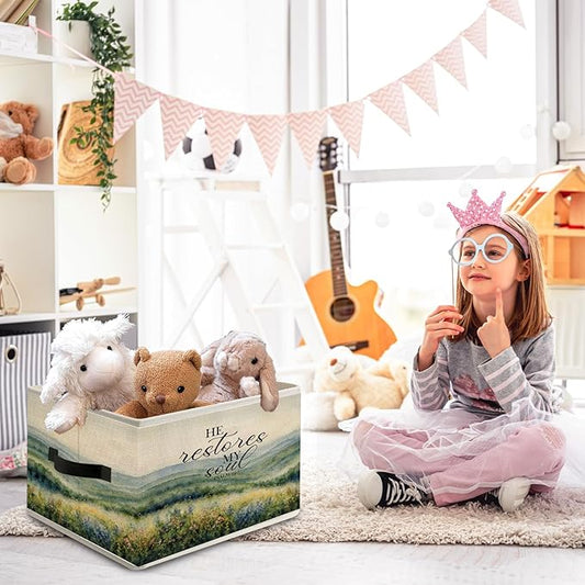 Mountain Wildflower Scenery Christian Storage Bin Box with Handles, He Restores My Soul Bible Verse Foldable Organizer Basket Toybox for Home Bedroom Bathroom Clothes Toys Books