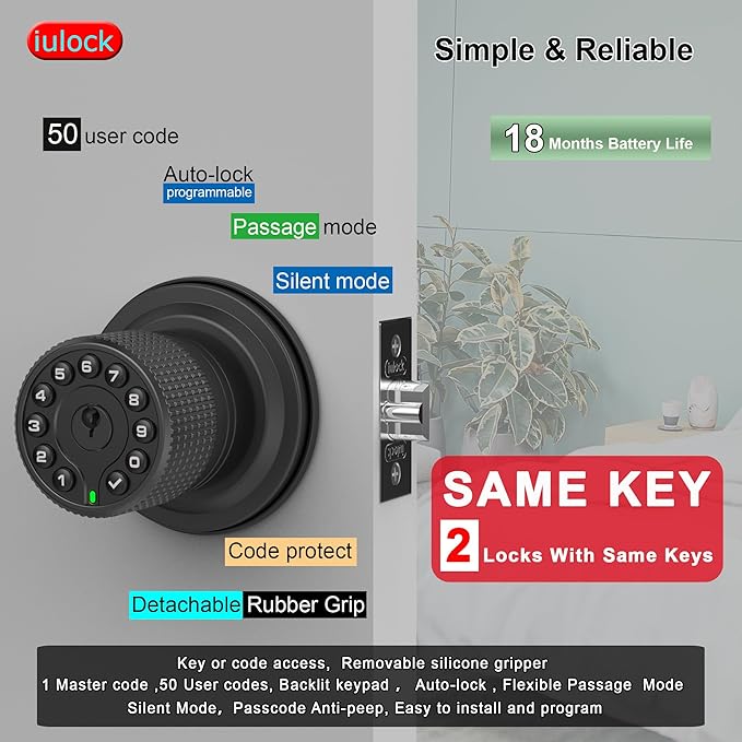 Smart Door Knob with Keypad and Key,Keyless Entry Door Lock with Rubber Grip, Auto Lock,50 User Code,Waterproof, Easy to Install and Program for Bedroom (Matte Black Same Key 2 Pack)