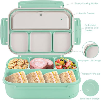 Bento Box Adult Lunch Box, Lunch Containers for Kids Girls Boys with 4 Compartments, Lunchable Food Container with Utensils, Sauce Jar, Muffin Liners, 40 Oz/5 Cup, Seafoam Green