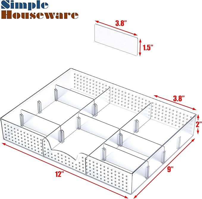 Simple Houseware Drawer Organizer Tray with 9 Adjustable Compartments, Clear