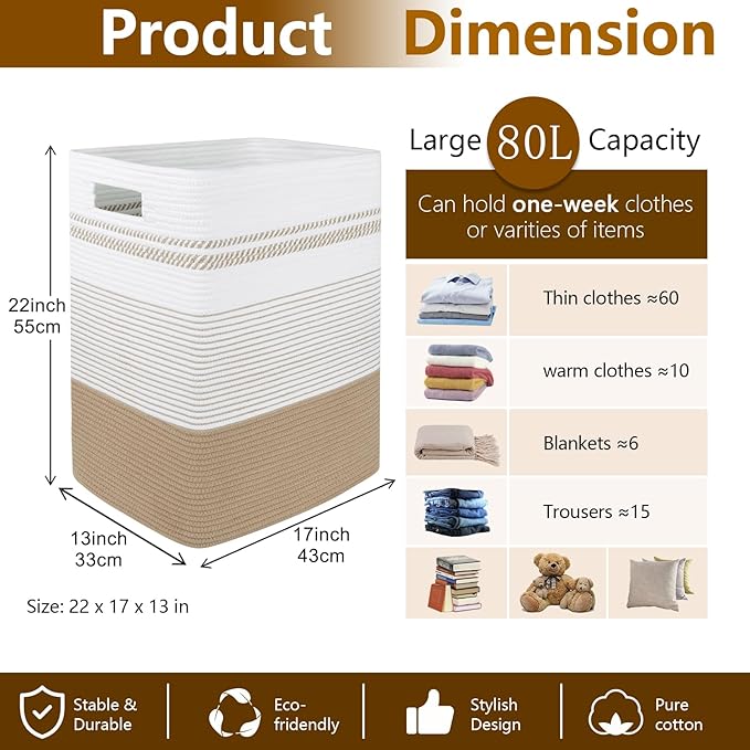 Laundry Basket, Large Woven Rope Tall Laundry Basket with Handles, Decorative Storage Basket for Clothes and Blankets in Living room, Bedroom