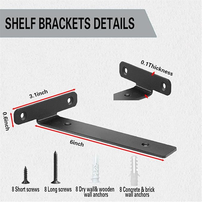 4 Pack Floating Shelf Brackets,6 Inch Heavy Duty Industrial Wall Shelf Bracket,Black Metal Hidden L Brackets for Shelves Support