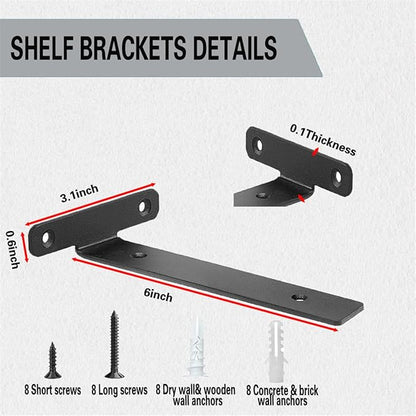 4 Pack Floating Shelf Brackets,6 Inch Heavy Duty Industrial Wall Shelf Bracket,Black Metal Hidden L Brackets for Shelves Support