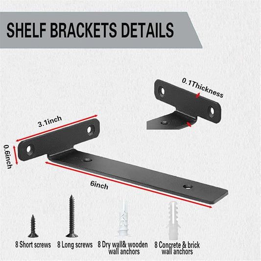 4 Pack Floating Shelf Brackets,6 Inch Heavy Duty Industrial Wall Shelf Bracket,Black Metal Hidden L Brackets for Shelves Support