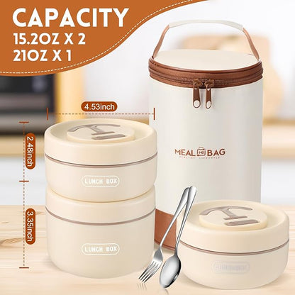 Dandat 3 Pcs Portable Insulated Lunch Container Set for Adult, Stackable Stainless Steel Bento Box for Hot Food with Insulated Lunch Bag Unisex 3 Separate Thermal Food Container(Beige)