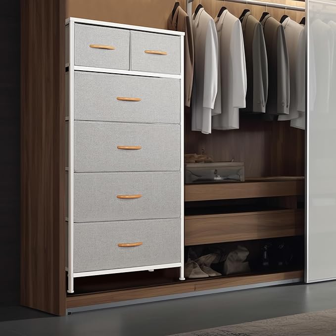 Mifuro Tall Dresser for Bedroom, Vertical Storage Organizer Tower with 6 Drawers, Chest of Drawers with Fabric Bins, Steel Frame, Wood Top for Bedroom, Closet, Entryway- Light Grey
