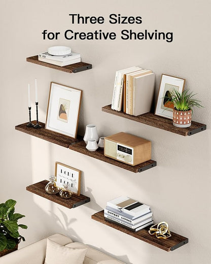 AMADA HOMEFURNISHING Wall Shelves Set of 6, Rustic Farmhouse Floating Shelves for Bedroom, Bathroom & Living Room, Brown