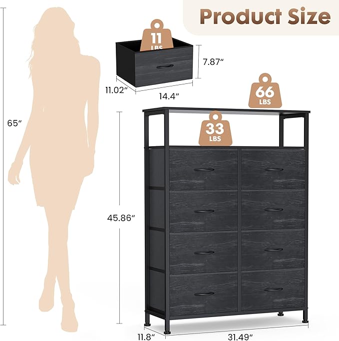 DUMOS Fabric Dresser for Bedroom with 8 Drawers, Tall 8-Drawer Chest of Drawers with Raised Shelf, Storage Tower with Fabric Bins for Closet Organization, Hallway Storage, Black Wood Grain Print