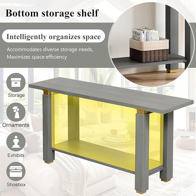 62.9" Modern Minimalist Console Table, Solid Wood Entryway Sofa Table with Metal Accents, 2-Tier with Open Shelf and Built-in Shelf for Living Room, Hallway (Gray-J22)