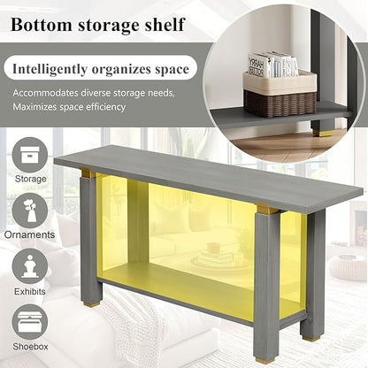 62.9" Modern Minimalist Console Table, Solid Wood Entryway Sofa Table with Metal Accents, 2-Tier with Open Shelf and Built-in Shelf for Living Room, Hallway (Gray-J22)