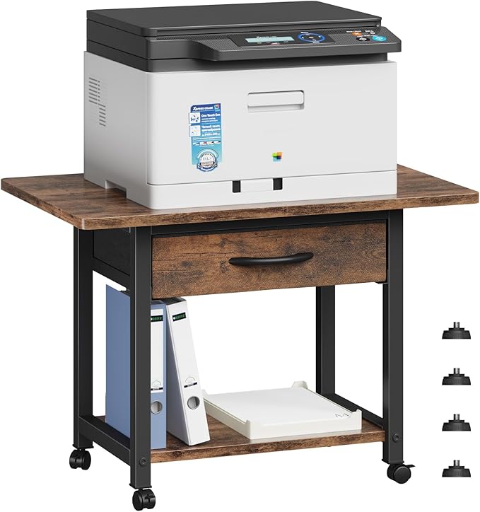 YAOHUOO Large Printer Stand with Storage Drawer, 2-Tier Under Desk Table for Home Office, Fits Fax Machine/3D Printer/Scanner (Brown)