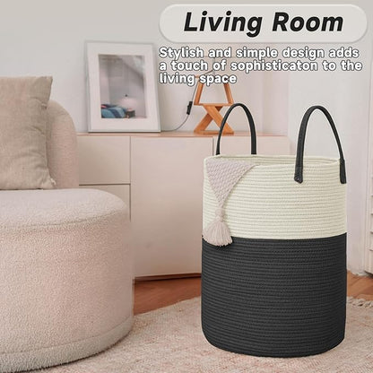 Large Woven Laundry Basket Hamper,100L Cotton Rope Storage Bin for Blankets,Toys and Clothes,Decorative Tall Nursery Hamper for Living Room,Baby Nursery,Bathroom and Bedroom,White and Black