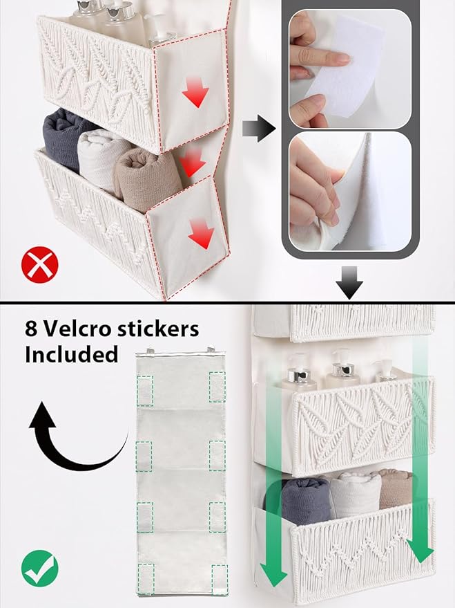 Macrame Over the Door Organizer Boho Decor Nursery Storage, Leaf Weaving Closet Organizers and Storage，with 4 Hanging Pockets, Behind Door for Bathroom, Bedroom