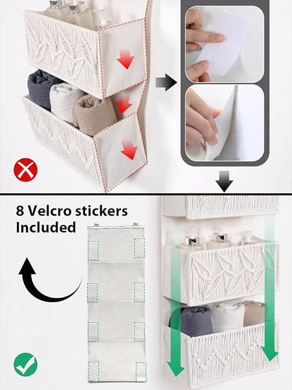 Macrame Over the Door Organizer Boho Decor Nursery Storage, Leaf Weaving Closet Organizers and Storage，with 4 Hanging Pockets, Behind Door for Bathroom, Bedroom