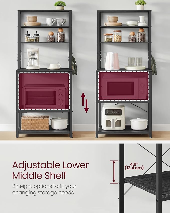 VASAGLE Coffee Bar, 23.6 Inches Baker's Rack for Kitchen with Storage, 6-Tier Kitchen Shelves with 6 Hooks, Microwave Stand, Industrial, Charcoal Gray and Ink Black UKKS024B22