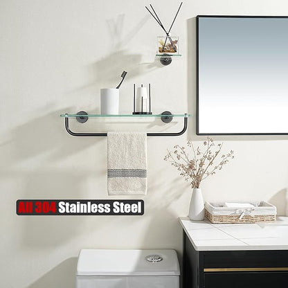 JQK Bathroom Glass Shelf Bronze, Shelf with 19 Inch Towel Bar Tempered Glass Shower Storage 20 by 5 inches, 304 Stainless Steel Oil Rubbed Bronze Wall Mount, TGS100L20-ORB
