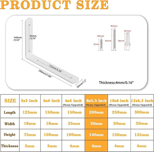 Alise Floating Shelf Brackets,White Bracket for Shelves Heavy Duty L Bracket Corner Brace,Stainless Steel Joint Angle Brackets for Wooden Board Hanging Support,8x5-3/5 Inch(Upgraded,Pack of 4)