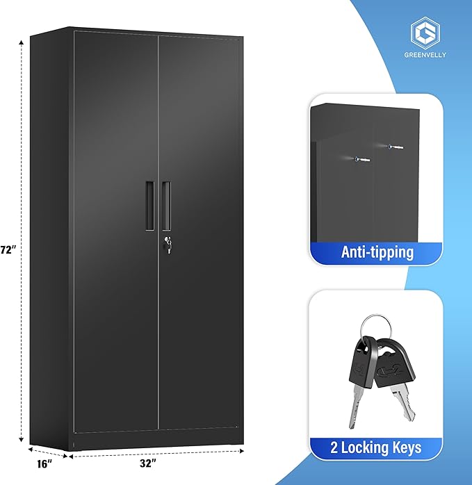 Greenvelly Metal Storage Cabinet, 72" Black Locking Storage Cabinets with Doors and 4 Shelves, Tall Tool Storage Cabinet for Garage, Steel Lockable File Cabinet Metal Locker for Home Office, Classroom