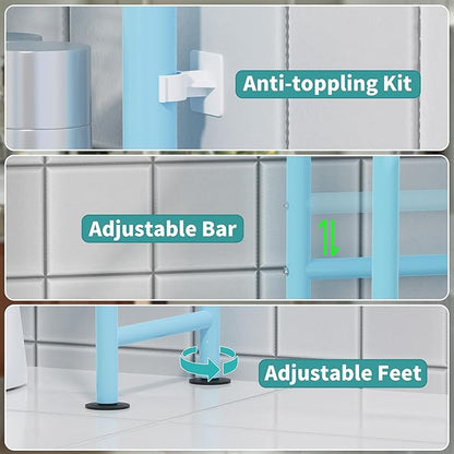 3-Tier Over The Toilet Storage with Paper Holder, Metal Bathroom Organizers and Storage for Small Space, Freestanding Bathroom Shelves with 4 Hooks, Above The Toilet Storage Shelf (Blue)
