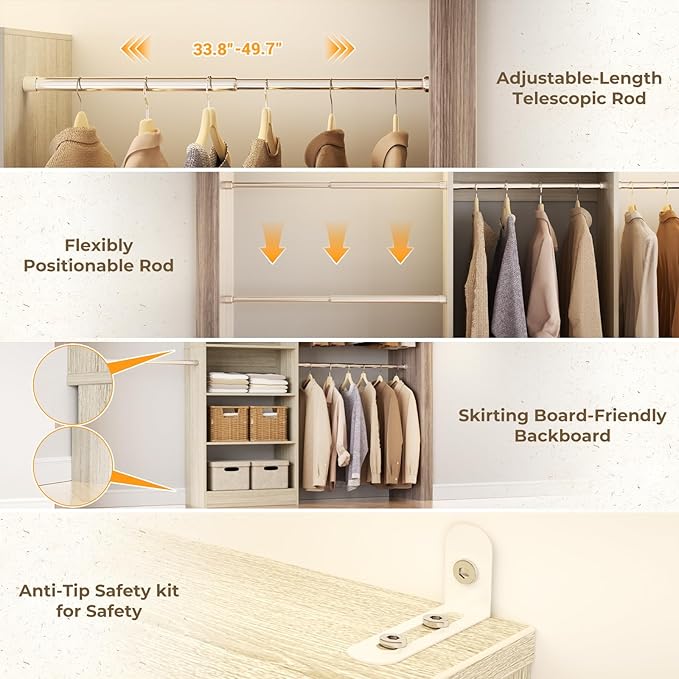 Homieasy Closet Organizer System, 4.5-10ft Modular Wooden Storage with 5 Hanging Rods & Shelving Tower, Adjustable for Walk-in Reach-in Bedroom Closets, Light Oak