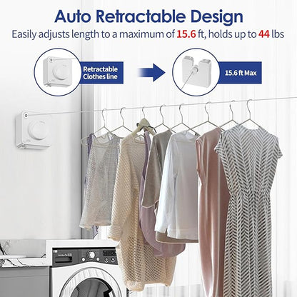 Retractable Clothesline Indoor, Non-Sagging Clothes Line Retracting Outdoors,15.6Ft Heavy Duty Clothes Drying Laundry Line, Wall Mounted Clothesline with 5pcs Stainless Steel Hooks (White)