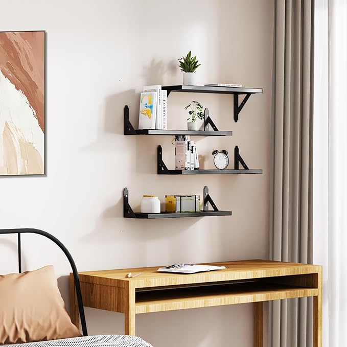 Wood Floating Shelves Set of 4, Rustic Storage Decor Wall Shelves, Wall Mounted Shelf for Living Room, Bedroom 17" x 6", Black