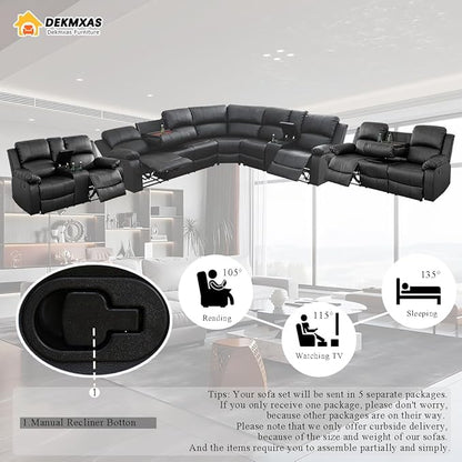 Reclining Sectional Couch, 5 Pieces Living Room Furniture Sets, Black Leather Sectional Manual Recliner Sofa Set and Sofa Chair with Drop-Down Table,Cup Holders,Storage Console for Living Room