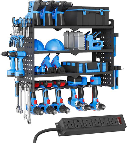 Power Tool Organizer Wall Mount with Charging Station, Drill Holder, Heavy Duty Storage Utility Racks, Supports 600 lbs,Battery Shelf for Garage and Workbench (24 Inch 6 Drills Holder)