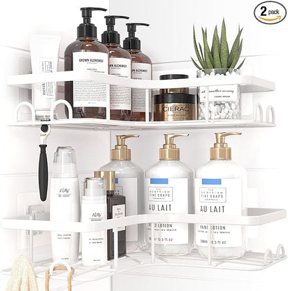 Corner Shower Caddy - 2 Pack, Adhesive Shower Organizers, Rustproof Stainless Steel Shower Shelves with 8 Hooks, No Drilling Bathroom Organizers and Storage Racks, Space-Saving, White, Large