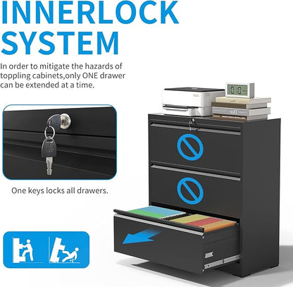 3 Drawer Lateral File Cabinet with Lock, Metal Lateral Filing Cabinet for Home Office, Steel Wide Horizontal Filing Cabinets for Letter/Legal/A4/F4 Hanging Files (Black)