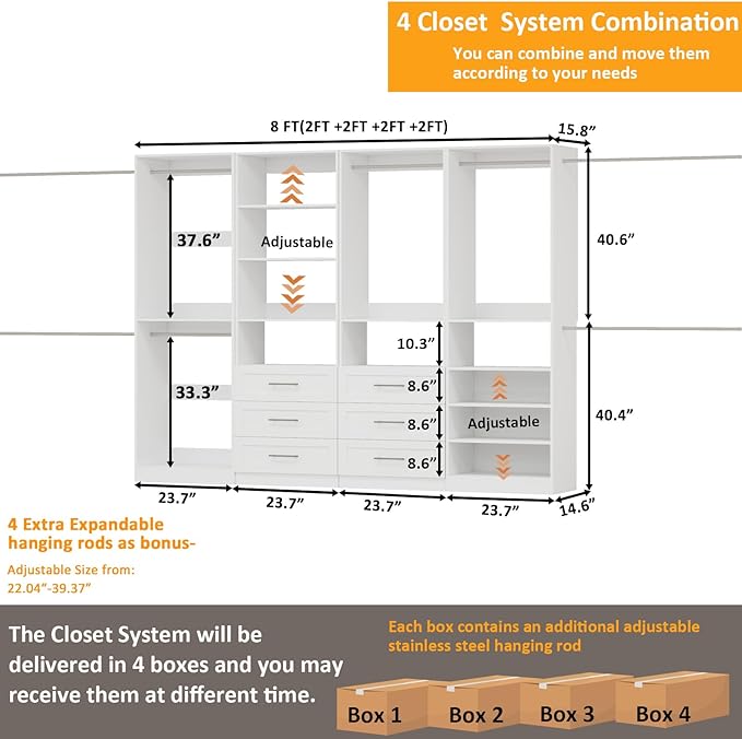 8FT Modular Closet System with 6 Drawers, Walk-in Closet Organizer System with 8 Expandable Hanging Rods & Adjustable Shelving Towers, Heavy Duty Wood Closet Storage for Bedroom, White(4 sets)