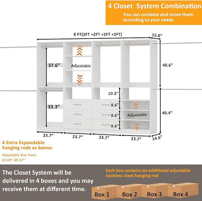 8FT Modular Closet System with 6 Drawers, Walk-in Closet Organizer System with 8 Expandable Hanging Rods & Adjustable Shelving Towers, Heavy Duty Wood Closet Storage for Bedroom, White(4 sets)
