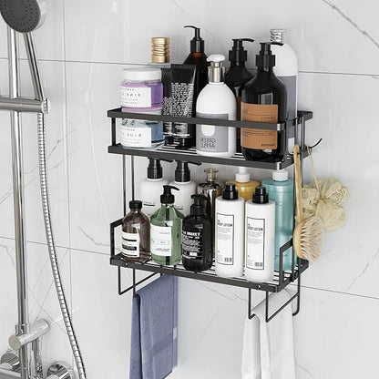 Godboat Bathroom Organizers, 2-Tier Over Toilet Storage, Floating Shelves with 2 Hooks & Paper Holder, Wall Mounted Shelf Furniture, Cool Accessories & Decor, Gifts for Women, Mothers Day (Black)