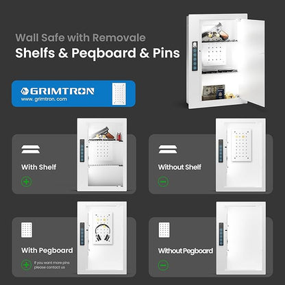 Grimtron Quick Access White Wall Safe with Removable Pegboard & Shelfs, Flat Hidden In Wall Safes Between the Studs 16" Centers, Wall Mount Safe for Cash, Valuables, Document, Gifts for Men and Women